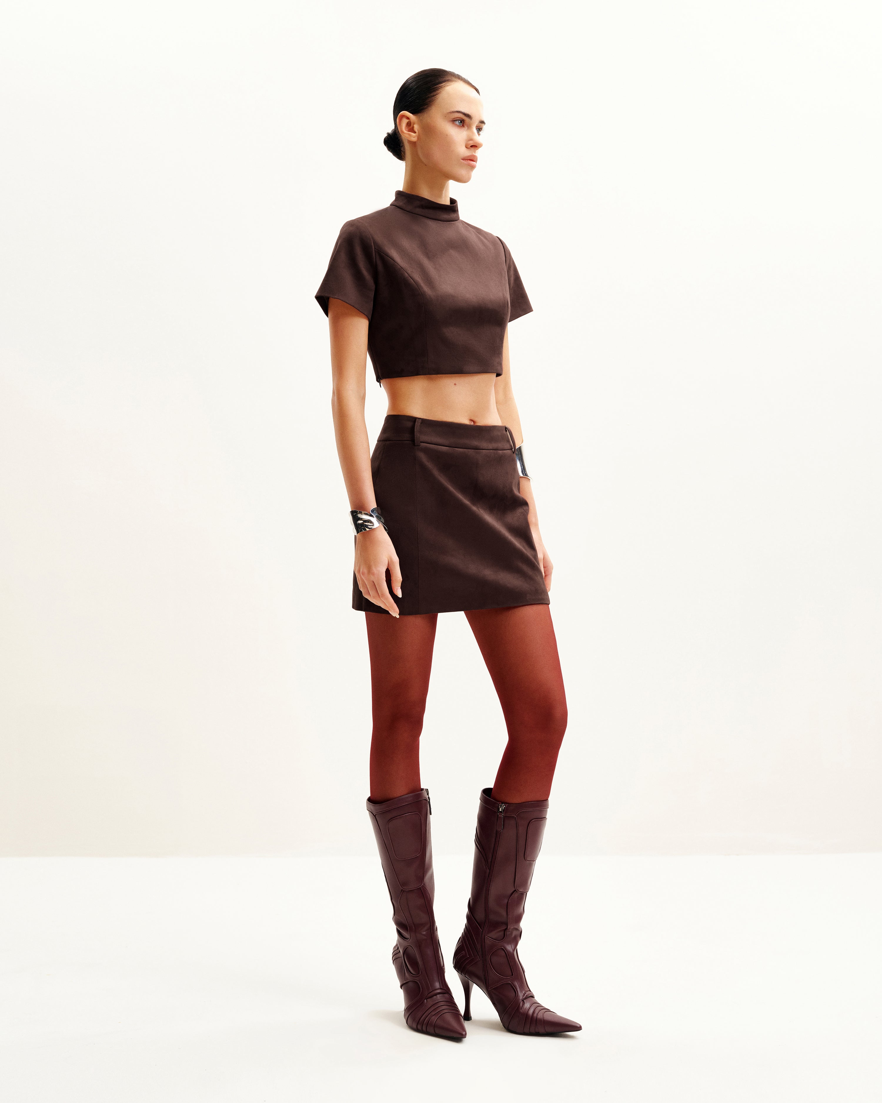 Grace Faux Suede Crop Top and Mini Skirt Set - Chocolate Brown