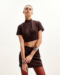 Grace Faux Suede Crop Top and Mini Skirt Set - Chocolate Brown