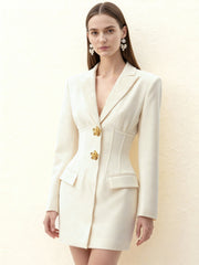 Gold Button Fitted Blazer Dress – White