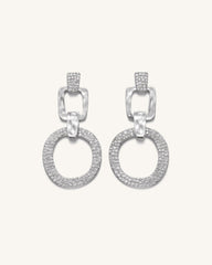 Geometrical Openwork Round Earrings - 18ct White Gold Plated & White Zircon