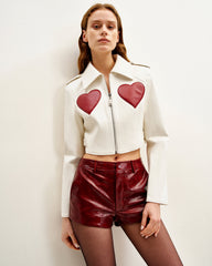Sophie Cropped Leather Jacket - White & Red