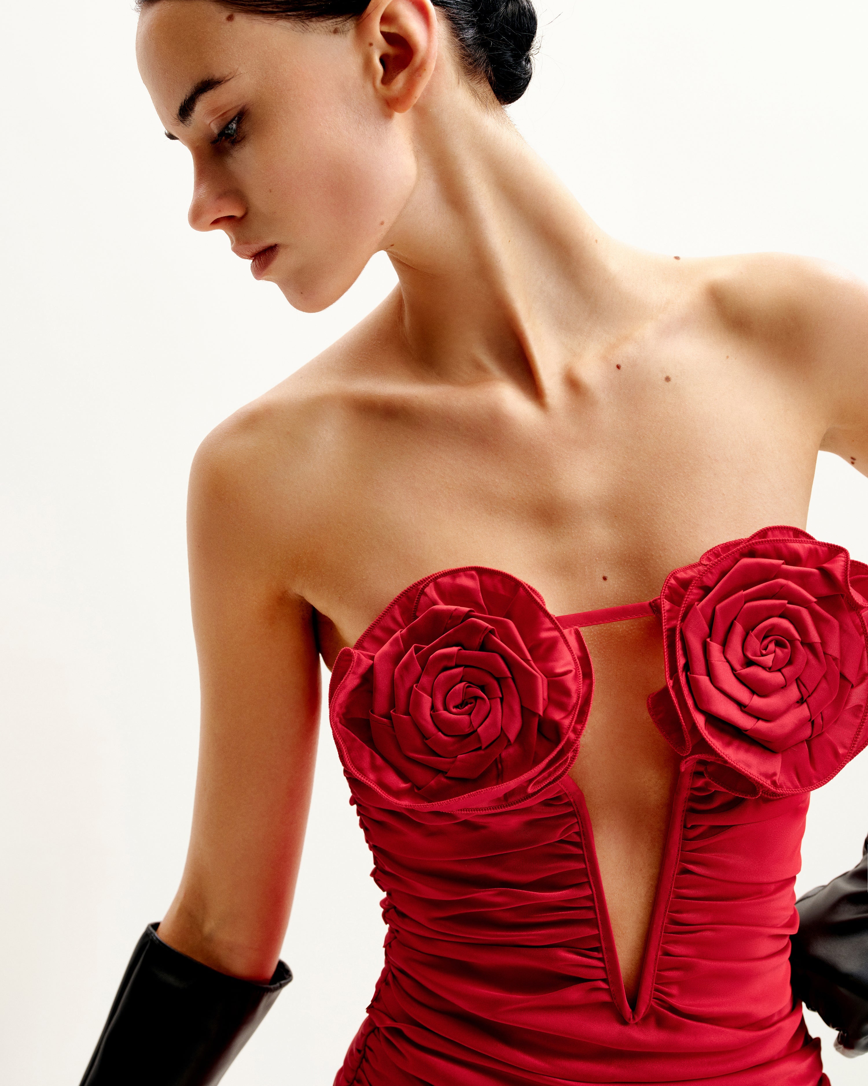 Bailee Red Floral Applique And Ruched Tube Mini Dress - Red