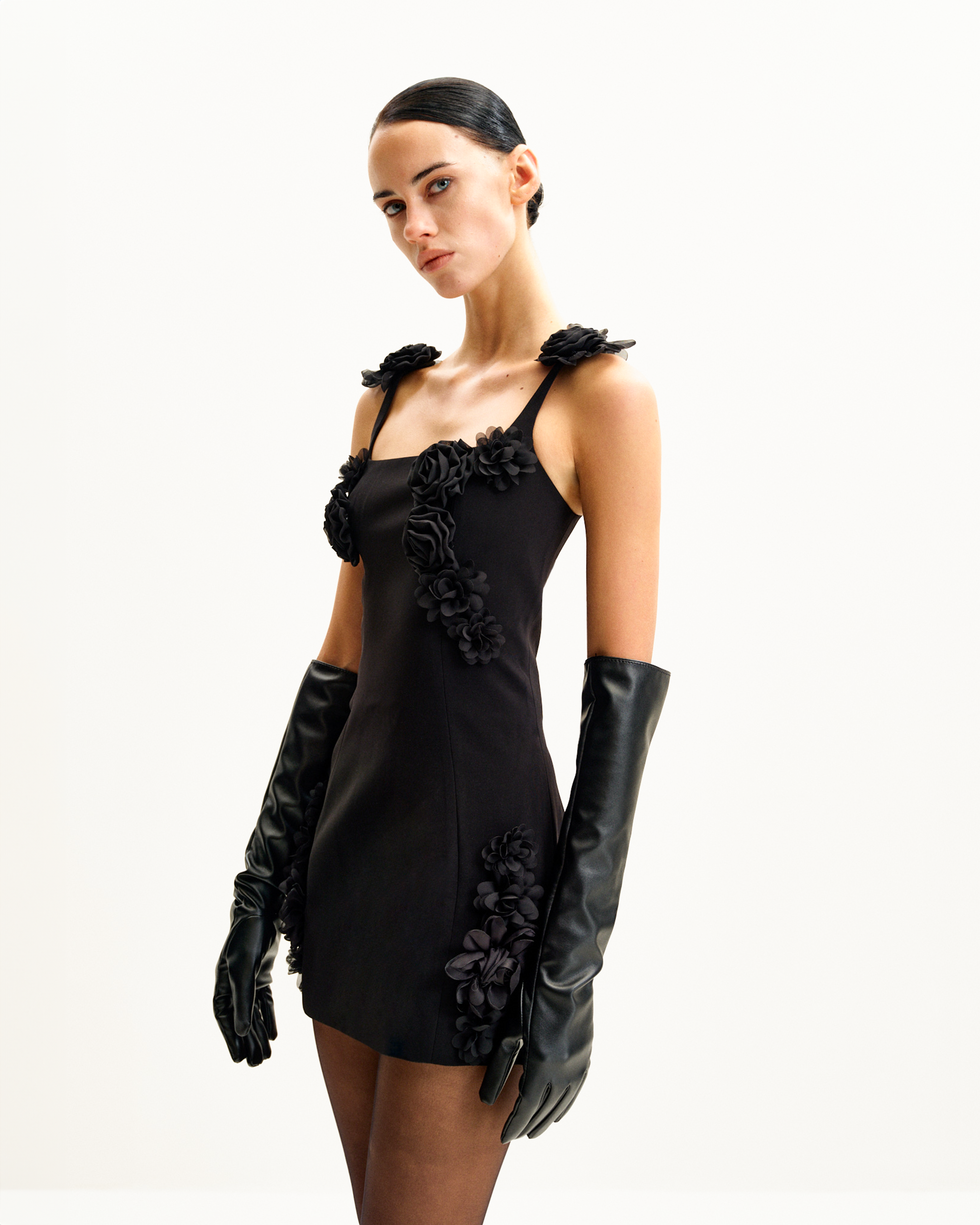 Elaina Black Rosette Applique Mini Dress - Black