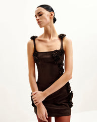 Elaina Pink Rosette Applique Mini Dress - Chocolate Brown