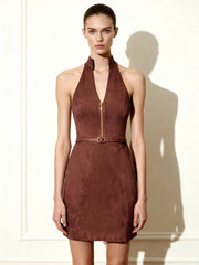 Faux Suede Halter Neck Zip-Front Mini Dress - Burgundy
