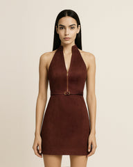 Faux Suede Halter Neck Zip-Front Mini Dress - Burgundy