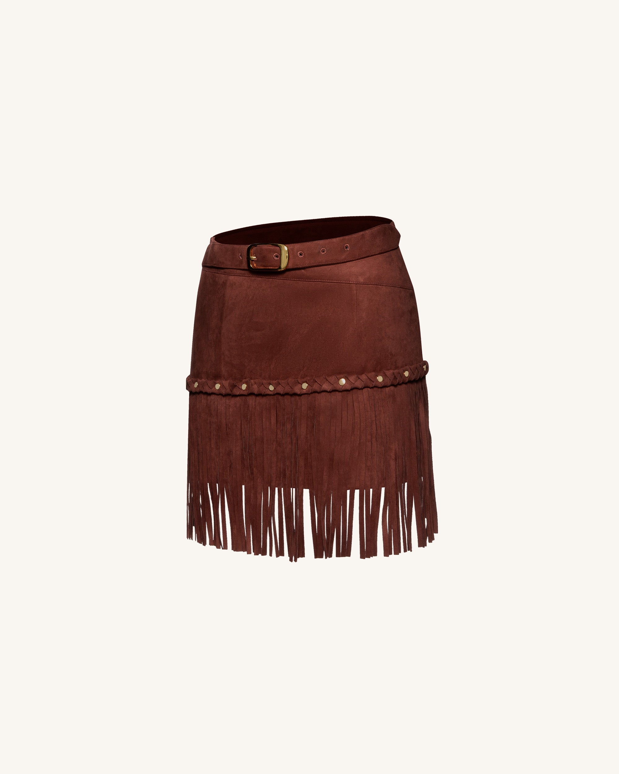 Western-Style Sueded Fringe Skirt - Burgundy