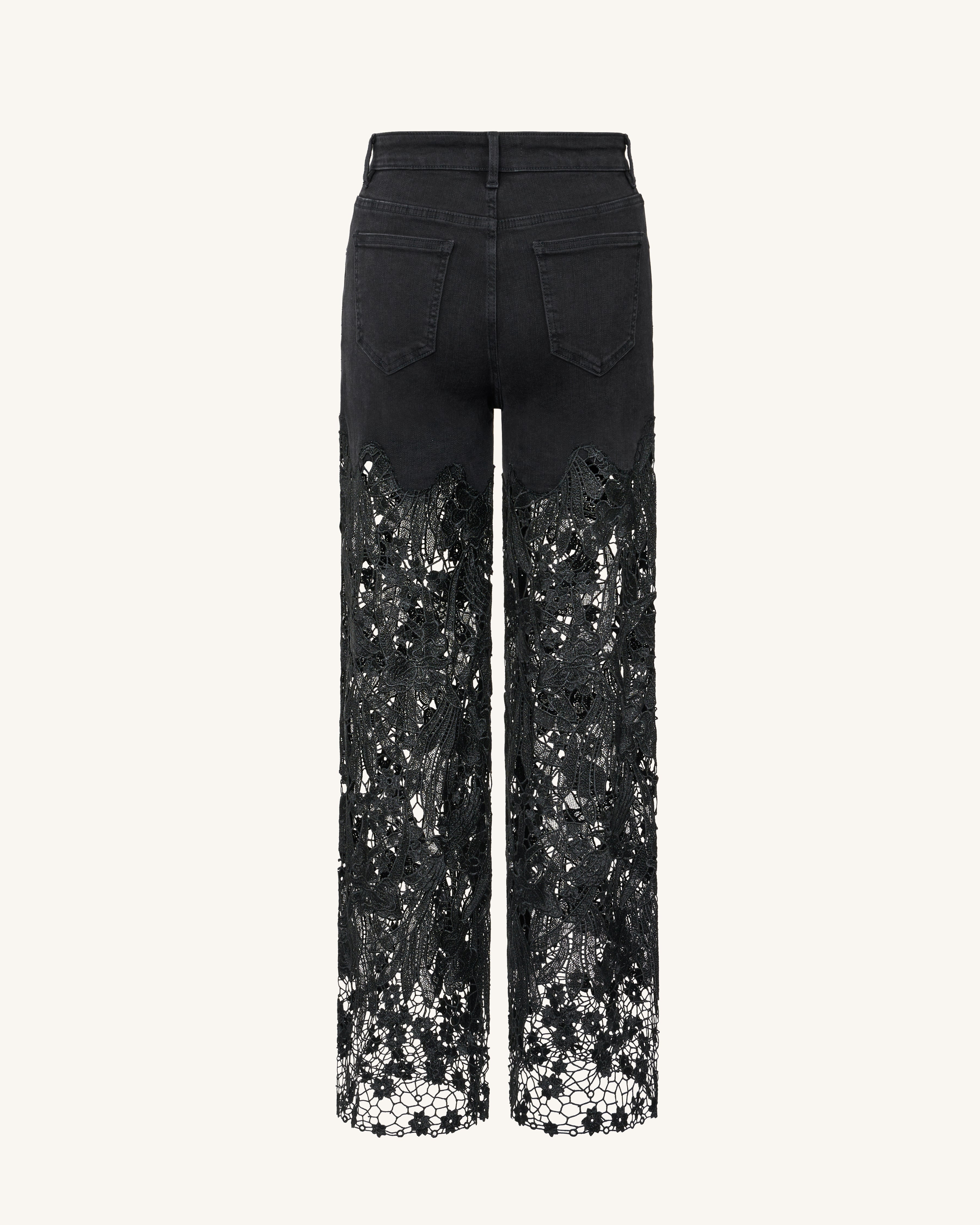 Embroidery High Rise Wide Leg Lace Denim Jeans With Rhinestone - Black
