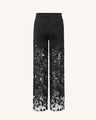 Embroidery High Rise Wide Leg Lace Denim Jeans With Rhinestone - Black
