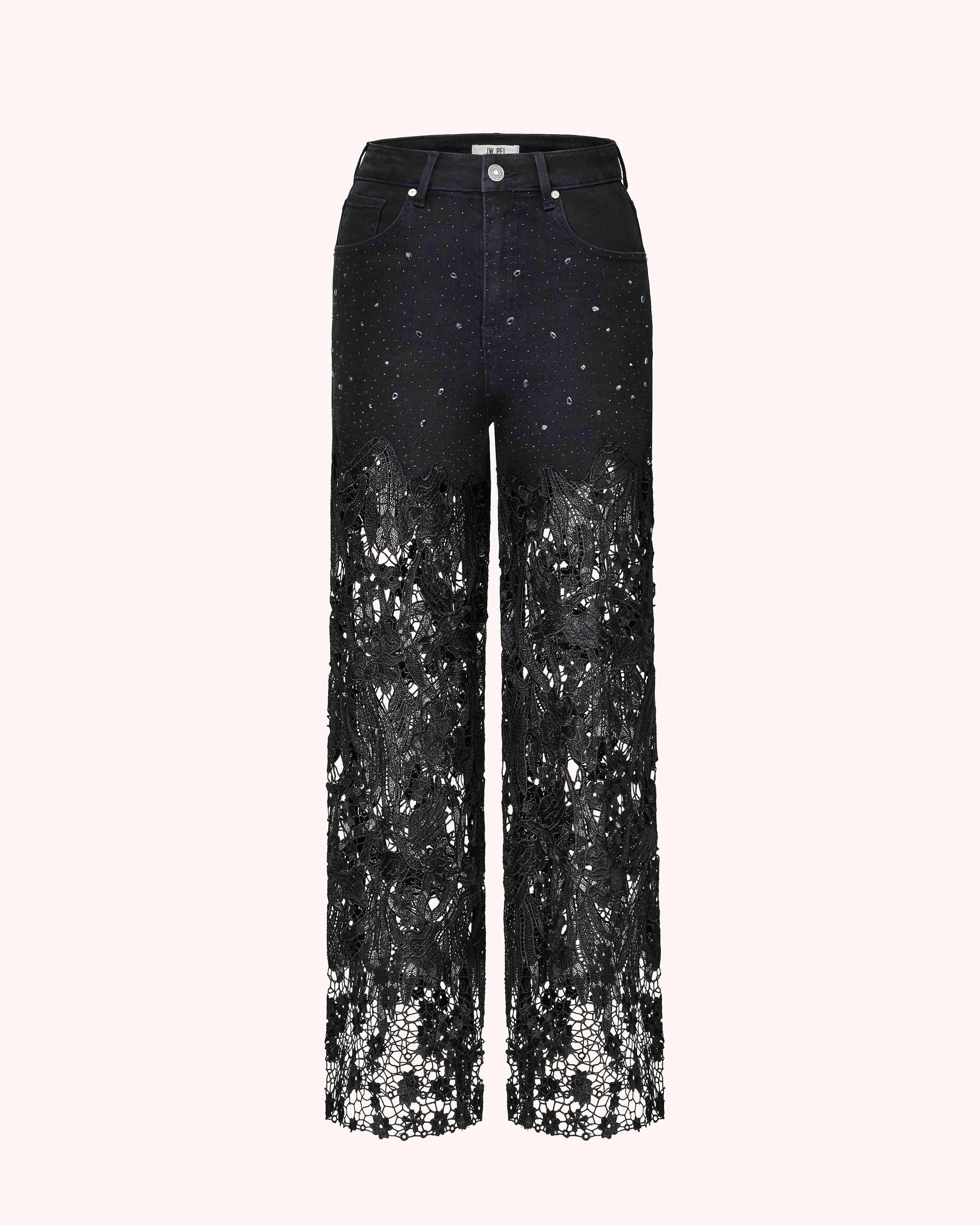 Embroidery High Rise Wide Leg Lace Denim Jeans With Rhinestone - Black