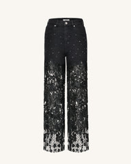 Embroidery High Rise Wide Leg Lace Denim Jeans With Rhinestone - Black