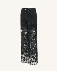 Embroidery High Rise Wide Leg Lace Denim Jeans With Rhinestone - Black