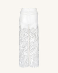 Embroidery High Rise Wide Leg Lace Denim Jeans With Rhinestone - White