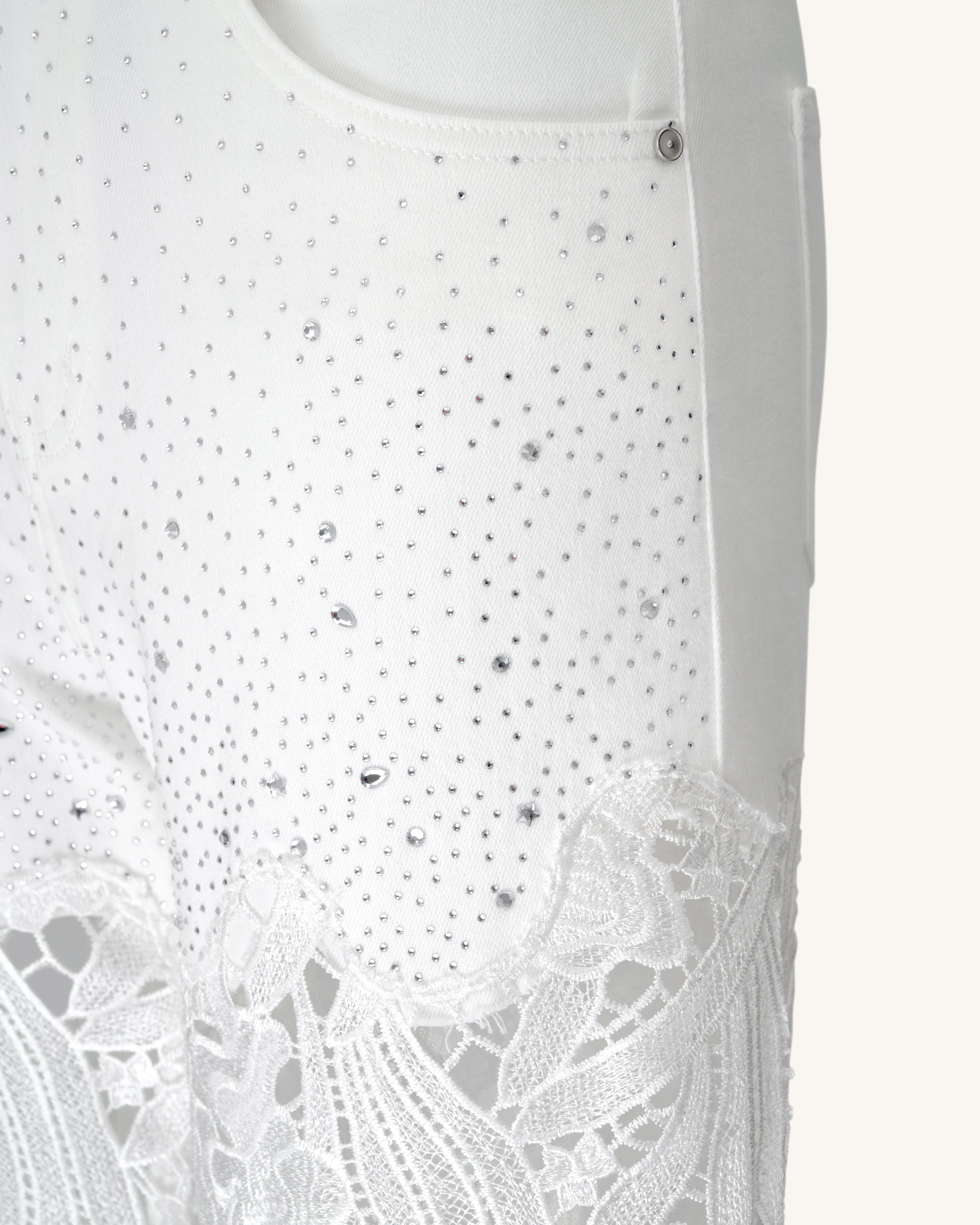 Embroidery High Rise Wide Leg Lace Denim Jeans With Rhinestone - White