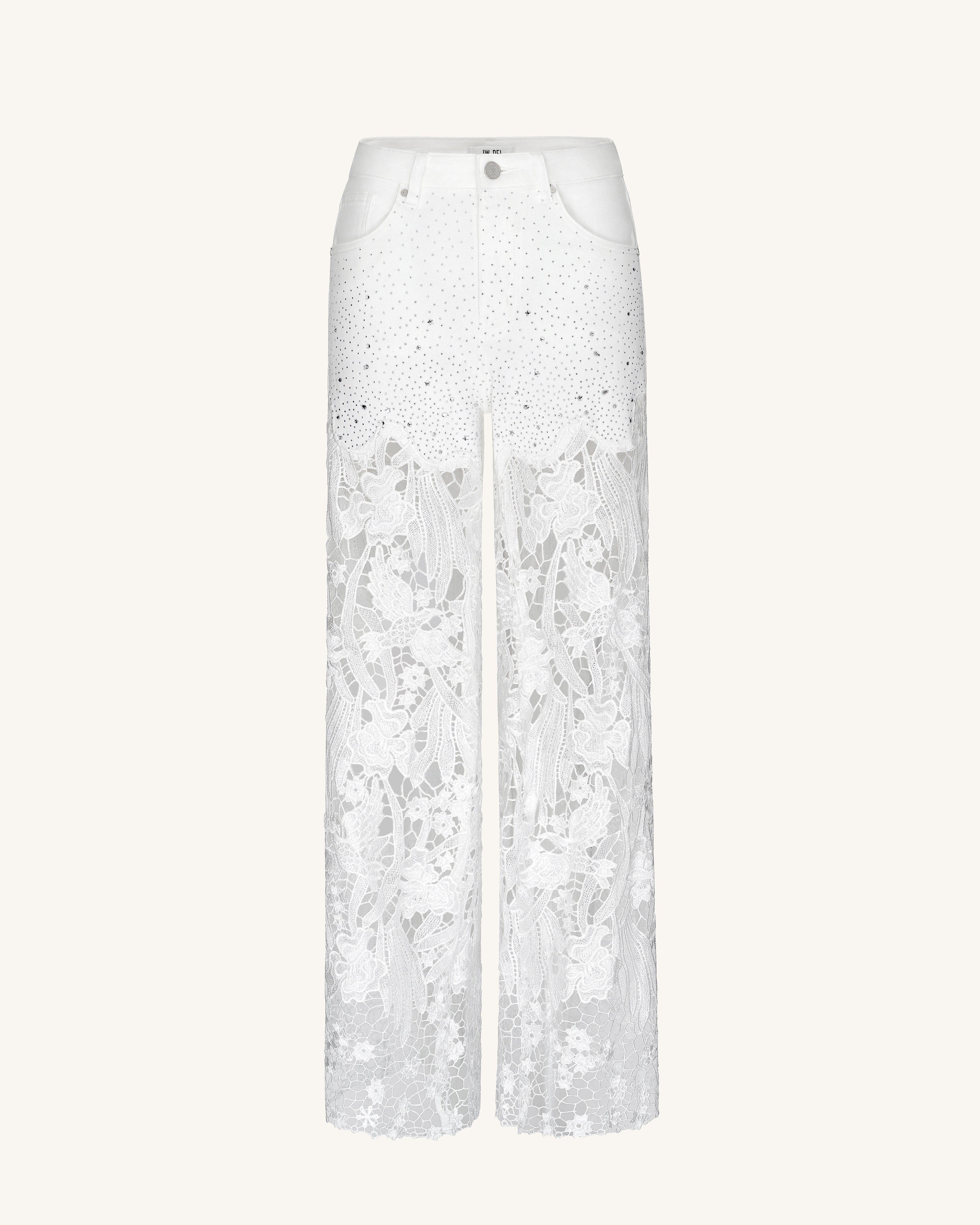 Embroidery High Rise Wide Leg Lace Denim Jeans With Rhinestone - White
