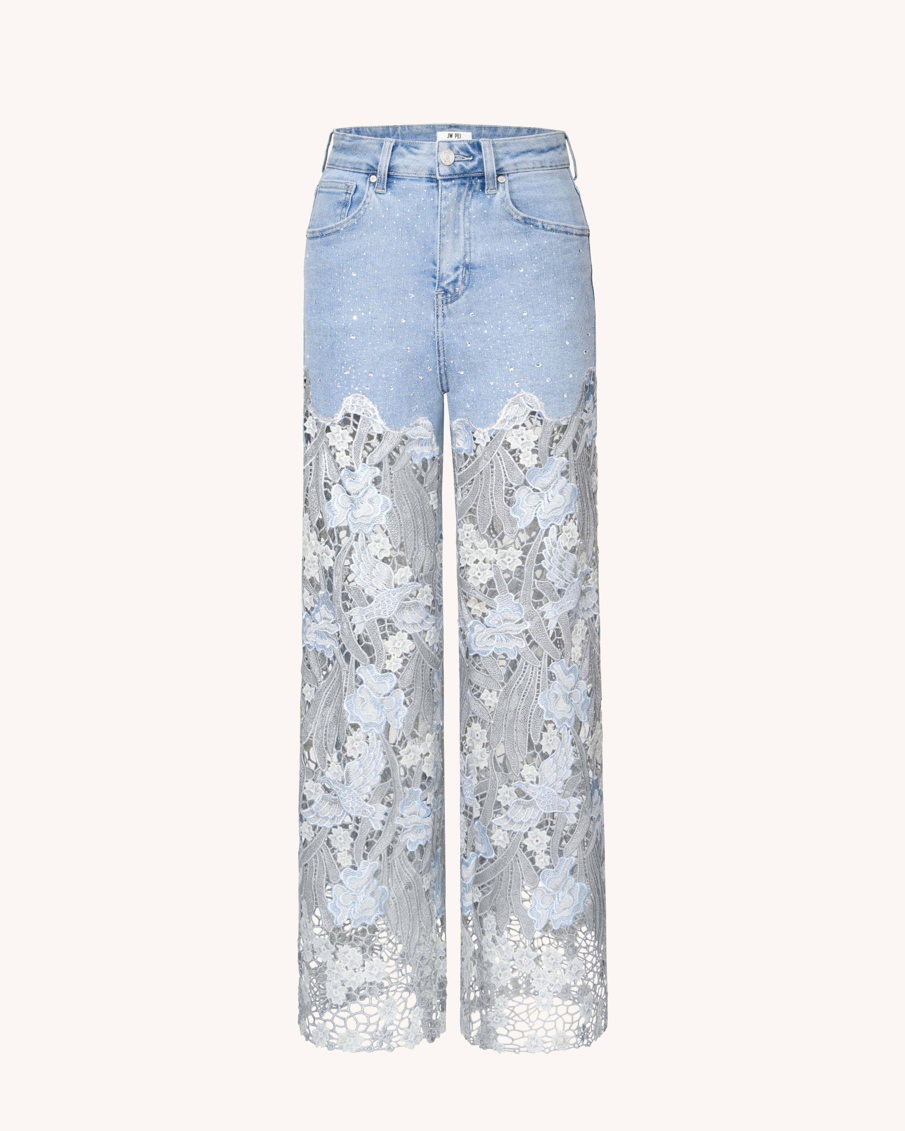 Embroidery High Rise Wide Leg Lace Denim Jeans With Rhinestone - Light Blue