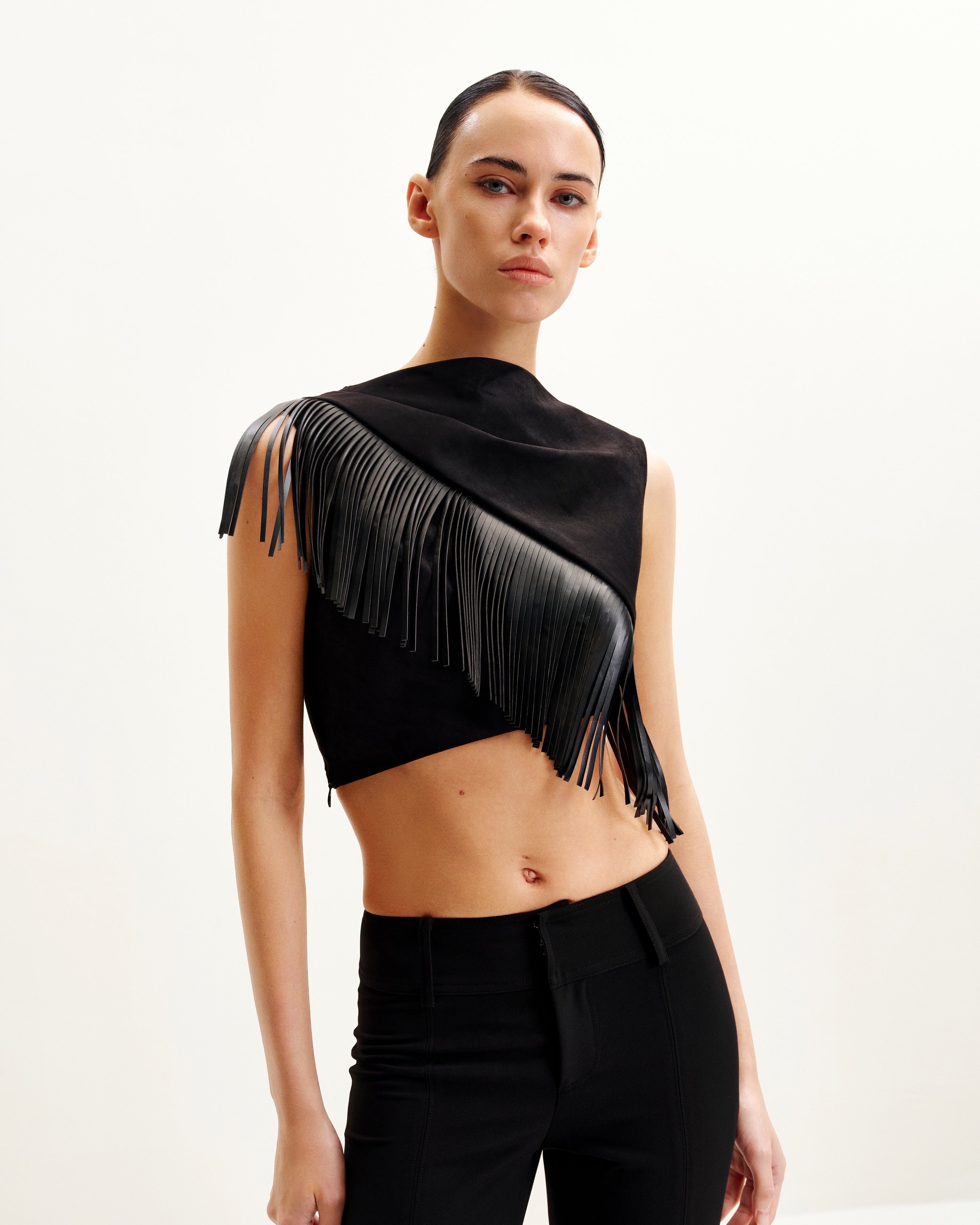 Ariana Asymmetric Fringe Sueded Top - Black