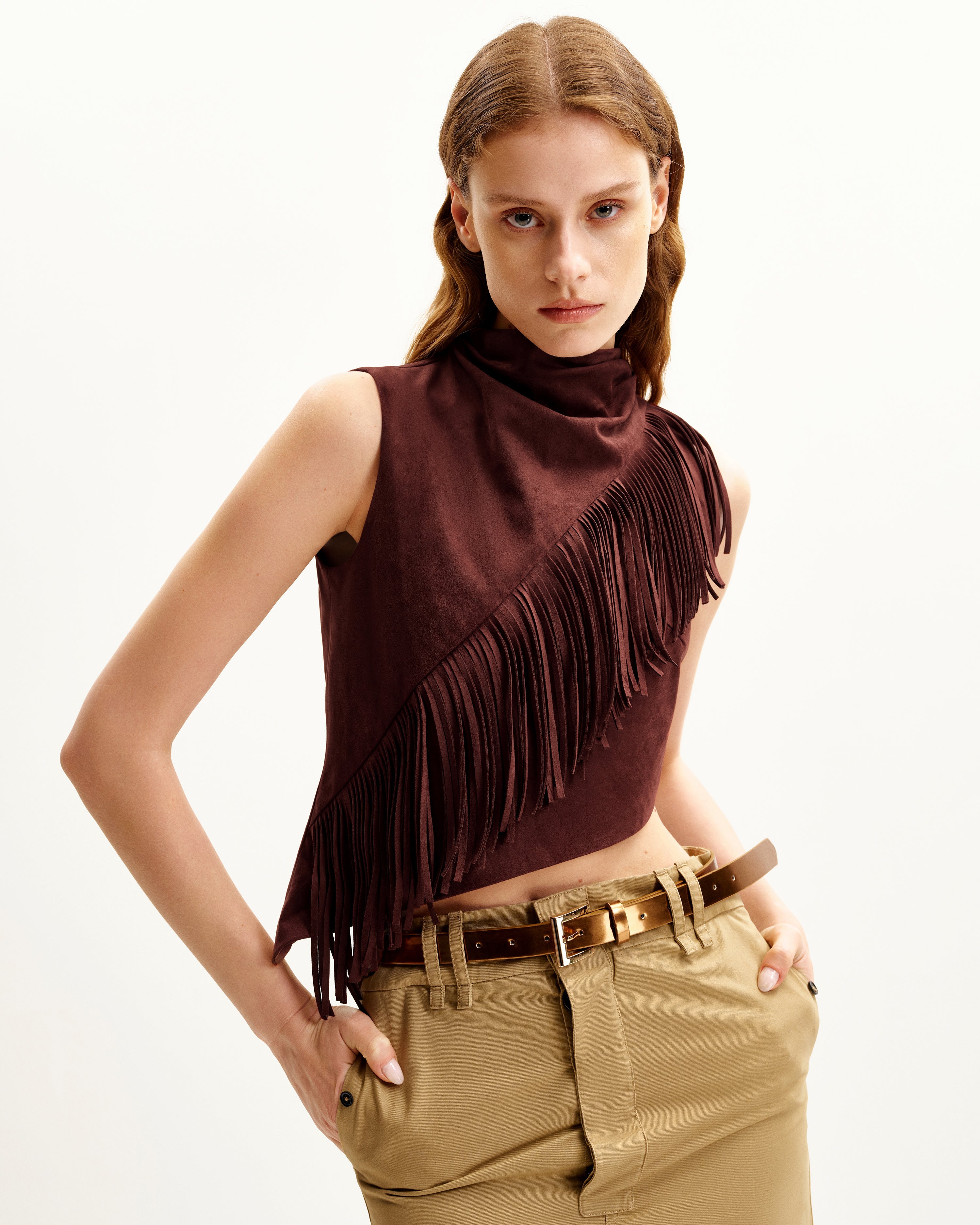 Adeline Asymmetric Fringe Sueded Top - Burgundy
