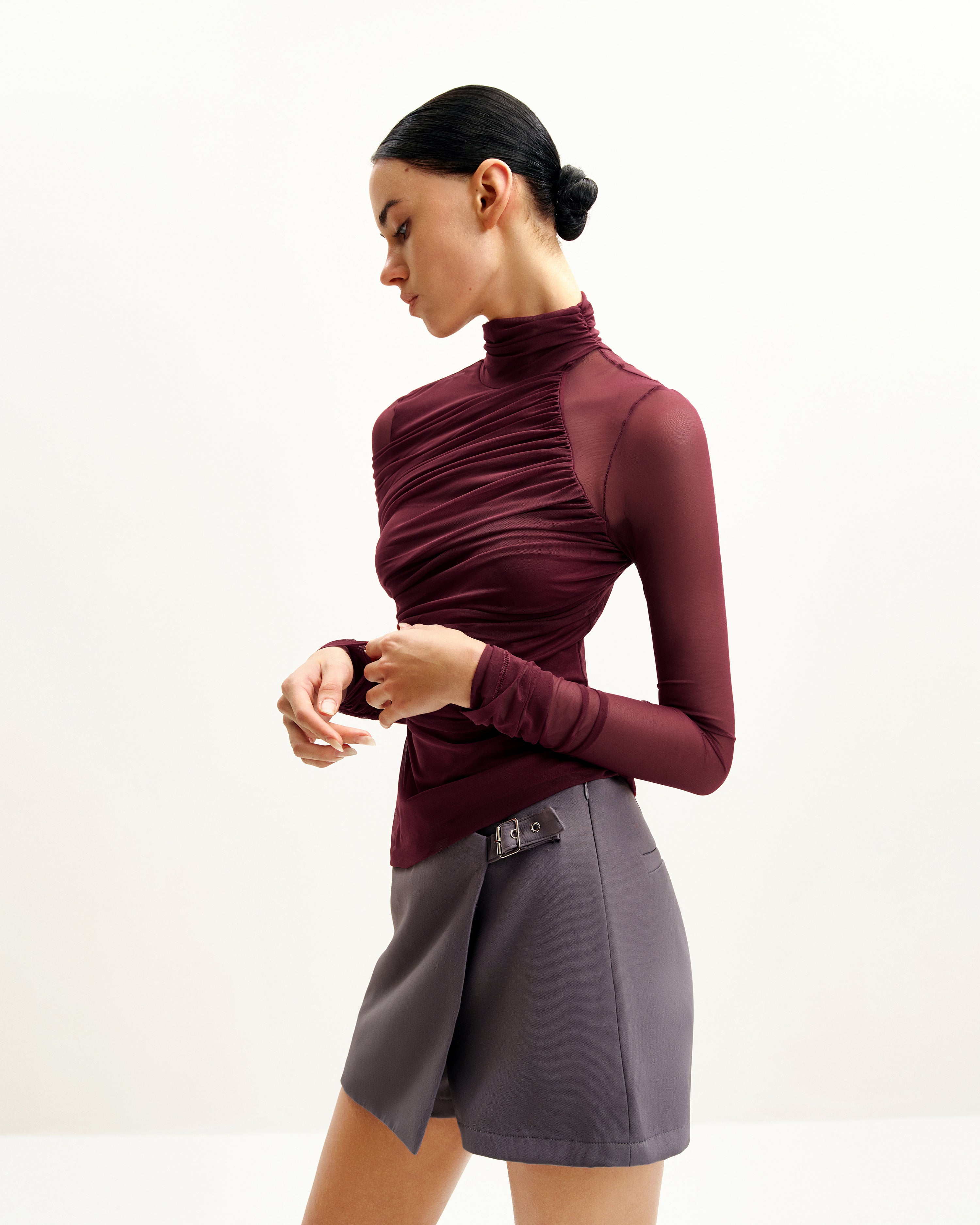 Ella Sheer Ruched Turtleneck Top - Burgundy