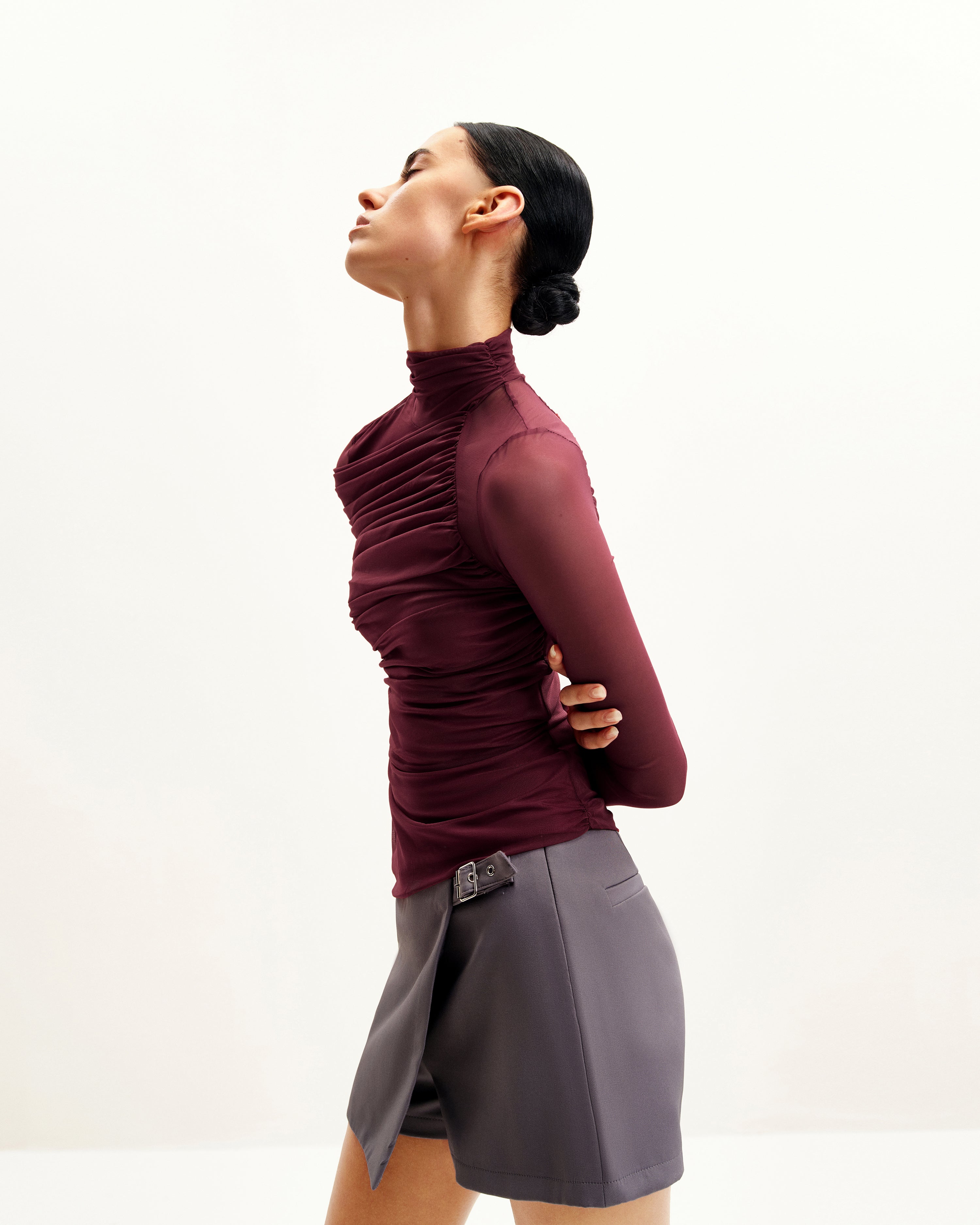 Ella Sheer Ruched Turtleneck Top - Burgundy